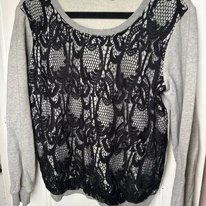 Gray and Black Lace Overlay Sweater